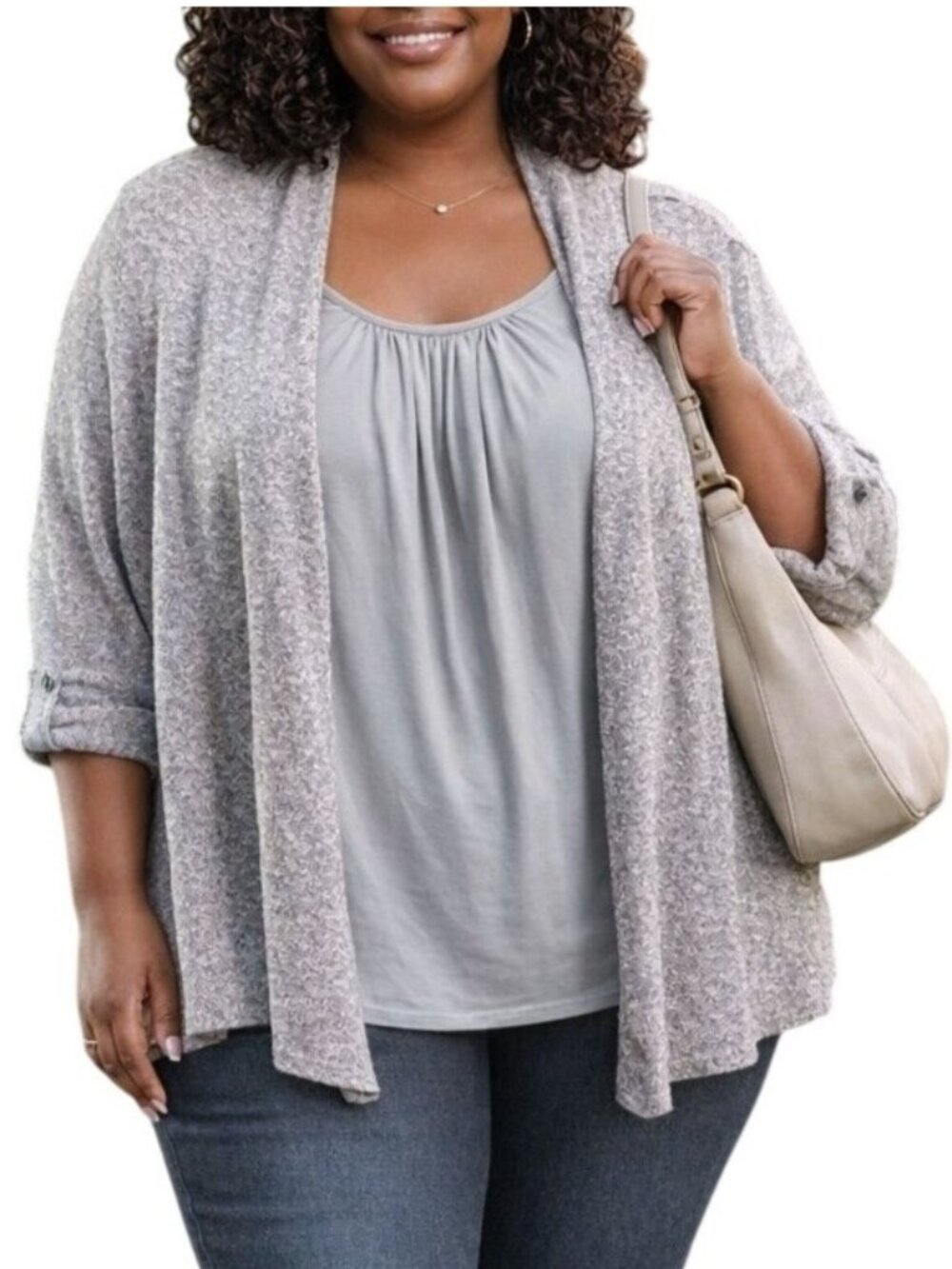Faded Glory Plus Size 2X Cardigan Top Open Front Layered-Look Gray